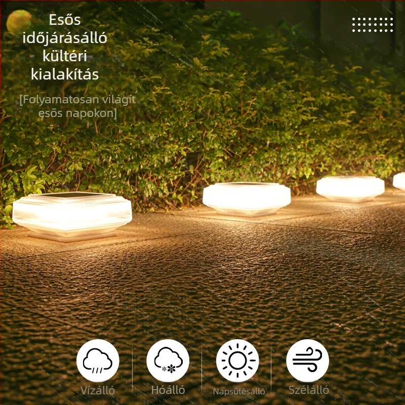 Napelemes LED oszloplámpa - kültéri vízálló, négyzet alakú átlátszó oszlop, 5W, 1.2V, 6–12 órás világítás