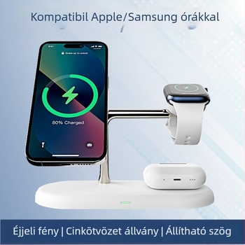 3-in-1 mágneses vezeték nélküli töltőállvány éjszakai fénnyel — fémből készült, összteljesítmény 25W, QC3.0 gyors töltés, kompatibilis Apple és Samsung