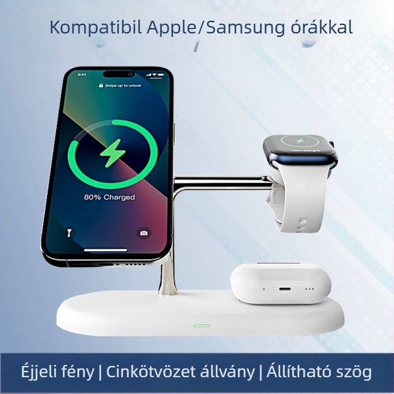 3-in-1 mágneses vezeték nélküli töltőállvány éjszakai fénnyel — fémből készült, összteljesítmény 25W, QC3.0 gyors töltés, kompatibilis Apple és Samsung