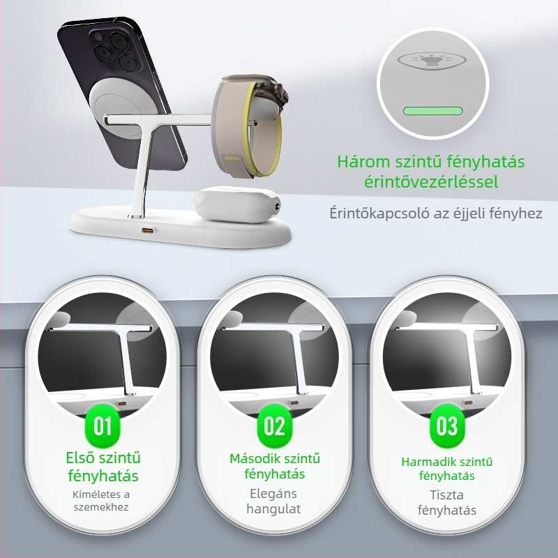 3-in-1 mágneses vezeték nélküli töltőállvány éjszakai fénnyel — fémből készült, összteljesítmény 25W, QC3.0 gyors töltés, kompatibilis Apple és Samsung