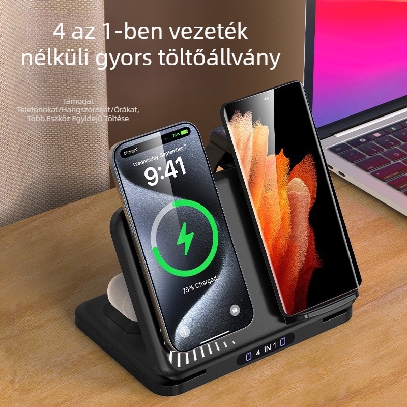4 az 1-ben vezeték nélküli töltő két telefonhoz, PD gyors töltés, összteljesítmény 36W, 15W vezeték nélküli töltés, mágneses töltés támogatása