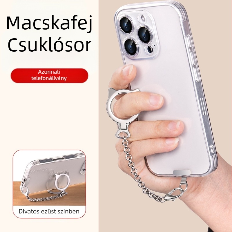 Macskafej mintás mobiltartó nyakpánt ötvözet anyagból, fémsatakkal zárócsattal, levehető pánttal, tartós