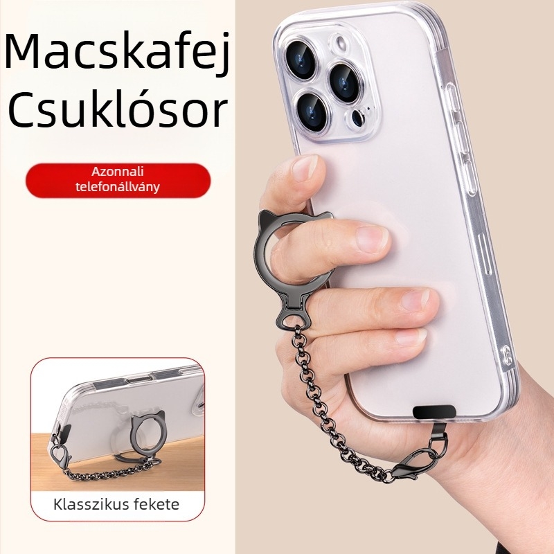Macskafej mintás mobiltartó nyakpánt ötvözet anyagból, fémsatakkal zárócsattal, levehető pánttal, tartós