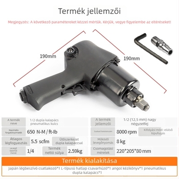 Pneumatikus ütőkulcs kettős kalapács mechanizmussal, légindítású működtetéssel, autók és motorkerék-abroncsok demontázsához.