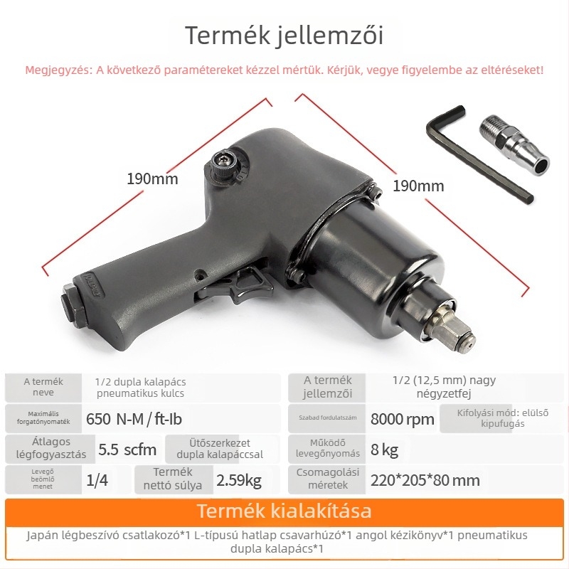 Pneumatikus ütőkulcs kettős kalapács mechanizmussal, légindítású működtetéssel, autók és motorkerék-abroncsok demontázsához.