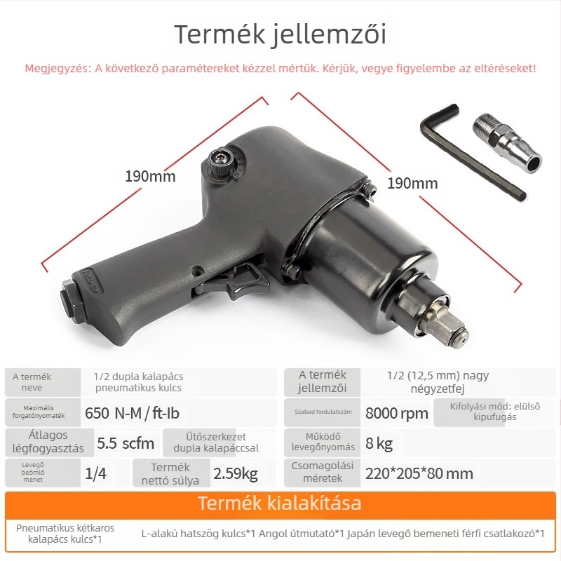 Pneumatikus ütőkulcs kettős kalapács mechanizmussal, légindítású működtetéssel, autók és motorkerék-abroncsok demontázsához.