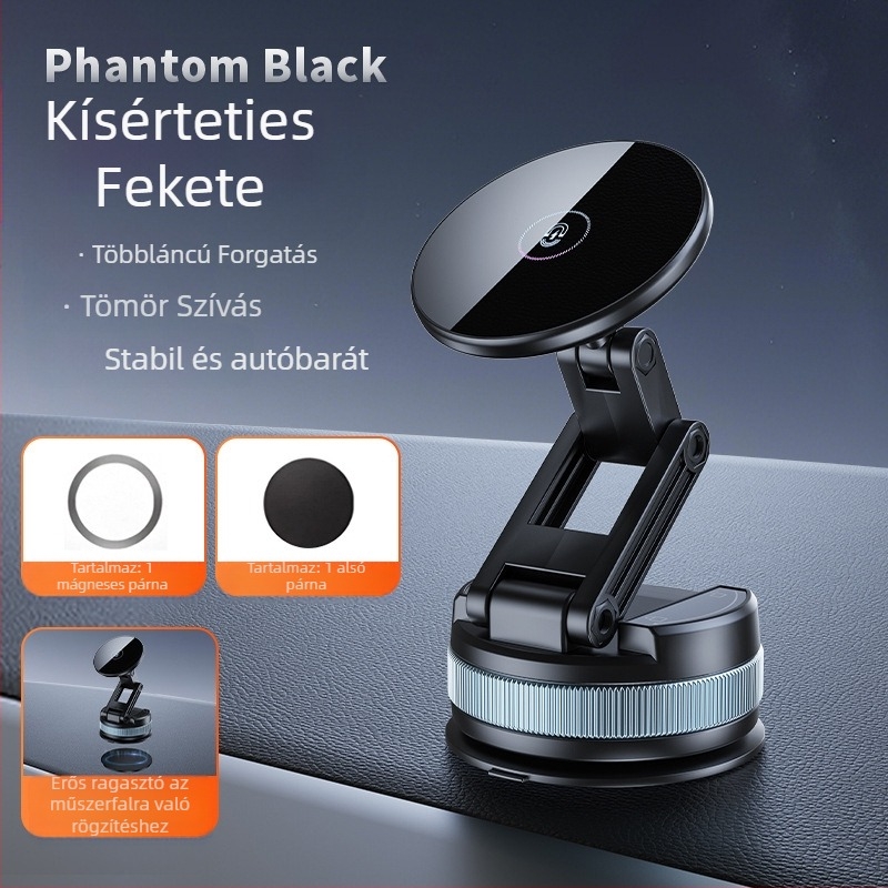 Autótelefon-tartó szívófejes rögzítéssel, mágneses vákuum kialakítással, összecsukható, az első szélvédőhöz