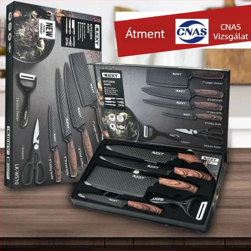 6-darabos konyhai késkészlet, 3CR14 acél penge, gyémántmintás penge, dupla nemtapadós bevonat, ABS nyél fa textúrájú (tartalmaz konyhai kést és ollót)