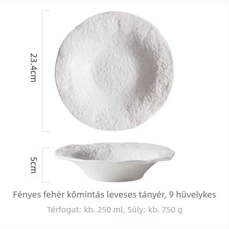 Kőhatású porcelán étkészlet mikrohullámú sütőbarát tányérokkal; tartalmaz leveses tányért, mély tányért és nyugati stílusú vacsora tányért; alá-glazúros felület.