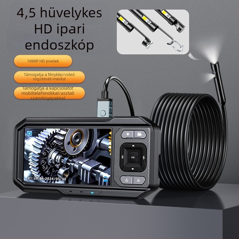 ES02 HD ipari vizsgálati endoszkóp képernyővel — 8 mm szonda, 5 m munkahossz, IP67 vízálló, 720P kijelző, LED megvilágítás