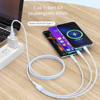 Huawei Type-C kompatibilis gyors töltésű adatkábel, 1-az-3-as elágazó, Lightning, Micro USB és Type-C csatlakozók; hossz: 1,2 m; anyag: TPE.