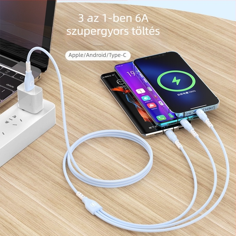 Huawei Type-C kompatibilis gyors töltésű adatkábel, 1-az-3-as elágazó, Lightning, Micro USB és Type-C csatlakozók; hossz: 1,2 m; anyag: TPE.