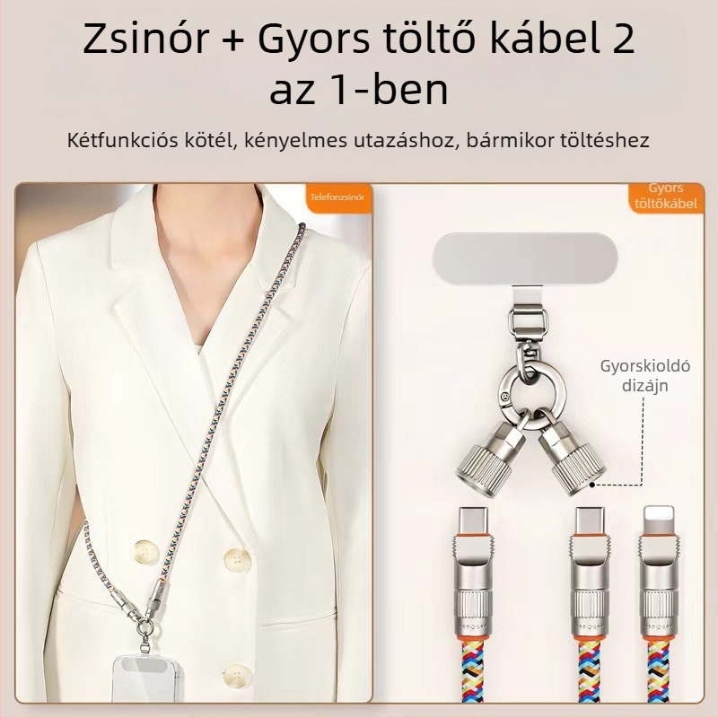 Soson 2-az-1-es lanyard adatkábél USB-C és Lightninghoz, szőtt kivitel, PD60W gyors töltés, csattal készült cinkötvözet