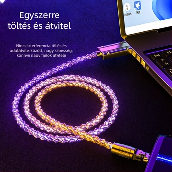 3 az 1-ben gyorstöltő adatkábel Lightning/Micro USB/Type-C, ház cink ötvözetből, forgó 90°-os csatlakozó, LED gradiens világítás, 120W-ig