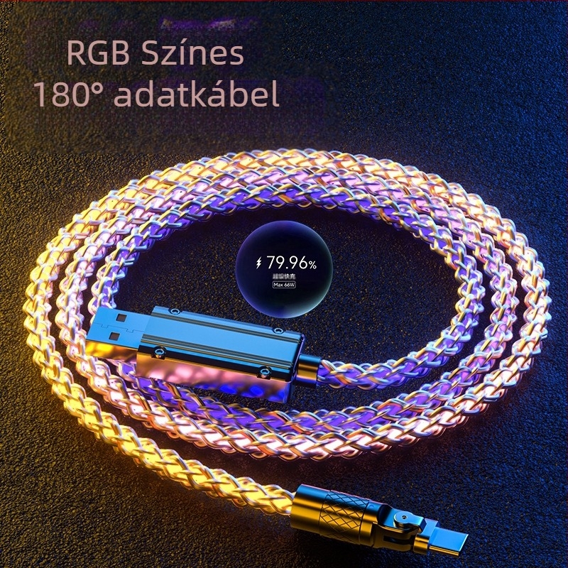 3 az 1-ben gyorstöltő adatkábel Lightning/Micro USB/Type-C, ház cink ötvözetből, forgó 90°-os csatlakozó, LED gradiens világítás, 120W-ig