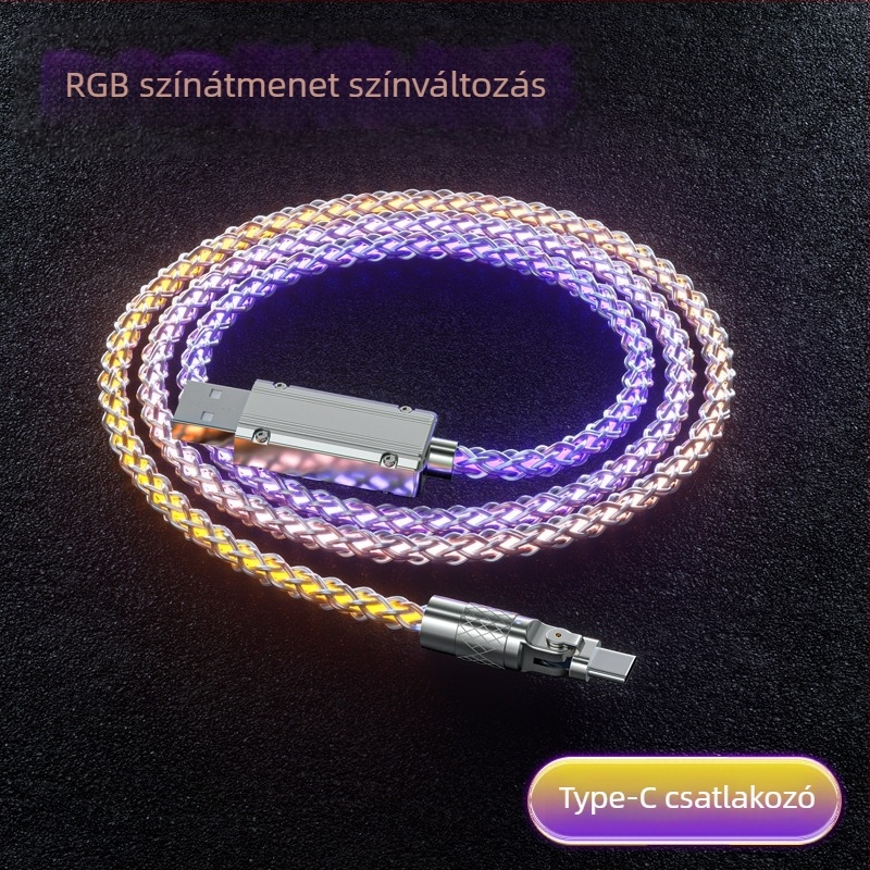 3 az 1-ben gyorstöltő adatkábel Lightning/Micro USB/Type-C, ház cink ötvözetből, forgó 90°-os csatlakozó, LED gradiens világítás, 120W-ig