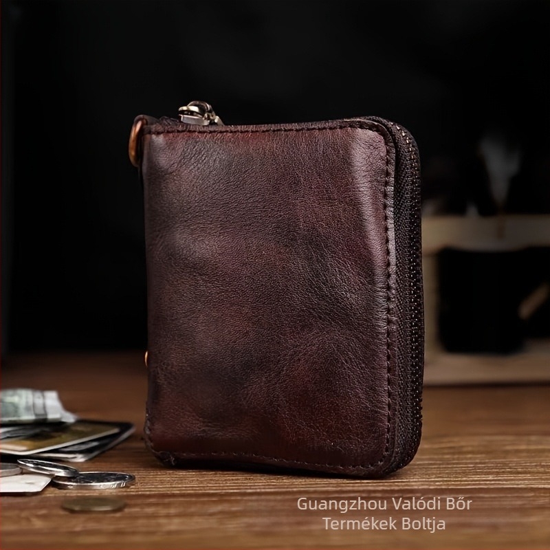 Kézzel készített növényi tannalású marhabőrből készült pénztárca cipzárral, retro stílusú női zseb-pénztárca, bőr béléssel, lopás elleni védelem, vízálló