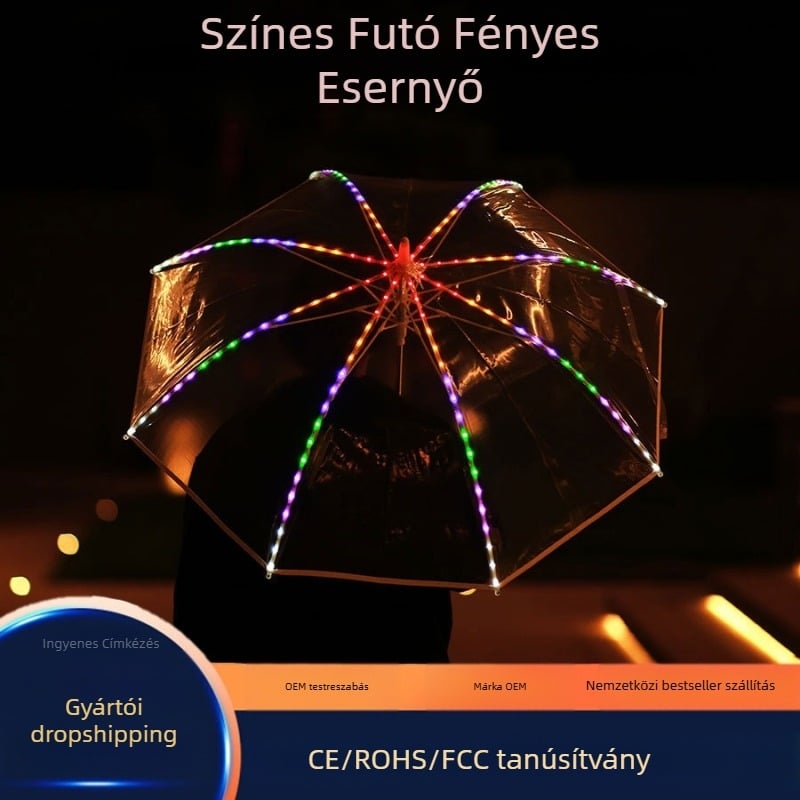 LED-s esernyő színes tűzijáték effektussal, acél váz, 190T anyag, hosszú nyél, hippie stílus