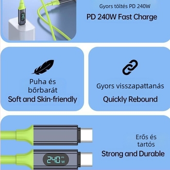 Type-C adatkábel digitális kijelzővel, 240W gyorstöltés, egyfejű csatlakozó, PVC