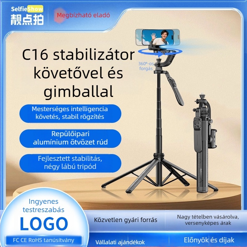 Kézi stabilizátor C16 — 360° panoráma gimbal, arckövetés, telefon tartó; ABS + alumínium ötvözet, Bluetooth, távirányító