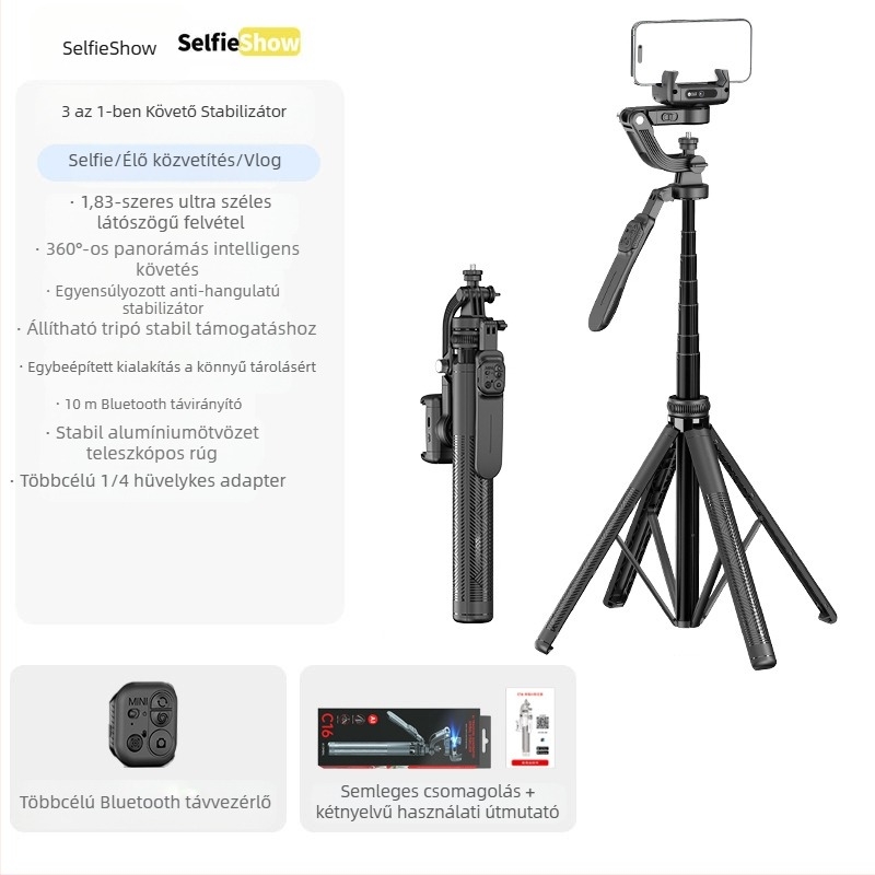 Kézi stabilizátor C16 — 360° panoráma gimbal, arckövetés, telefon tartó; ABS + alumínium ötvözet, Bluetooth, távirányító