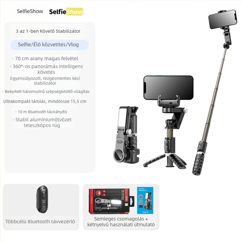 Kézi stabilizátor C16 — 360° panoráma gimbal, arckövetés, telefon tartó; ABS + alumínium ötvözet, Bluetooth, távirányító