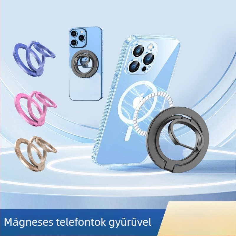 Gyűrűs mágneses telefon-tartó ötvözetből, háromrészes összecsukható kialakítás, tartozékok: mágneses lemez, mosható ragasztó, fényes matrica