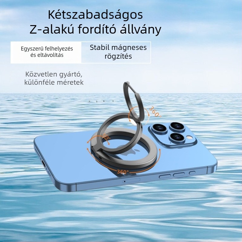 Gyűrűs mágneses telefon-tartó ötvözetből, háromrészes összecsukható kialakítás, tartozékok: mágneses lemez, mosható ragasztó, fényes matrica
