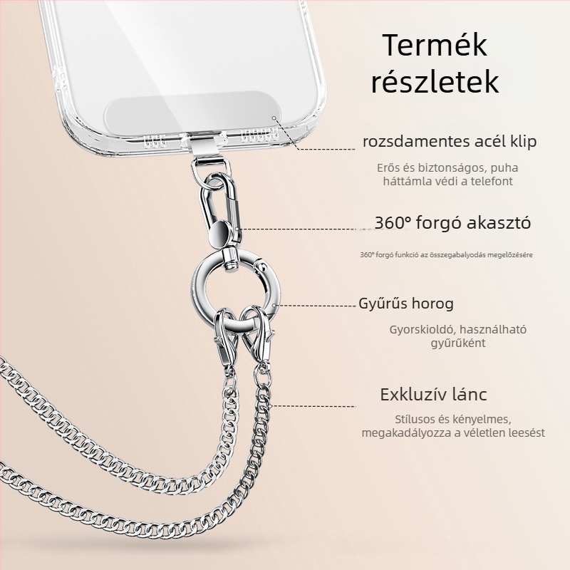 Mobiltelefonhoz való póráz fém pánttal és fém csattal, elektroplakált felülettel, uniszex, fém klipek
