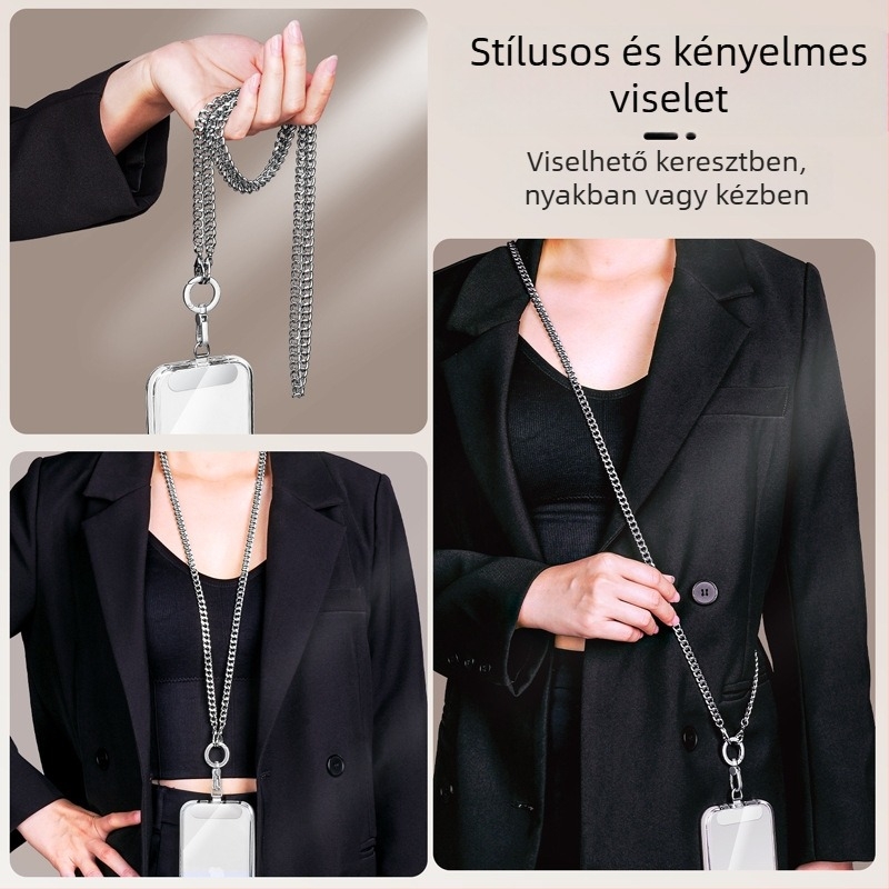 Mobiltelefonhoz való póráz fém pánttal és fém csattal, elektroplakált felülettel, uniszex, fém klipek