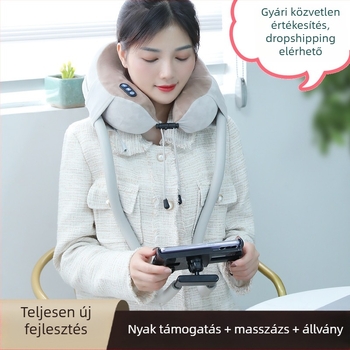 U-formájú nyakmasszírozó párnával és telefontartóval, 4 masszázsfej, infravörös terápia, vibráló masszázs, modell JM-168, újratölthető