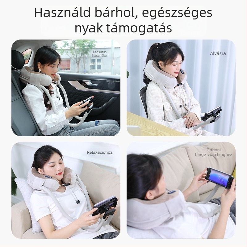 U-formájú nyakmasszírozó párnával és telefontartóval, 4 masszázsfej, infravörös terápia, vibráló masszázs, modell JM-168, újratölthető