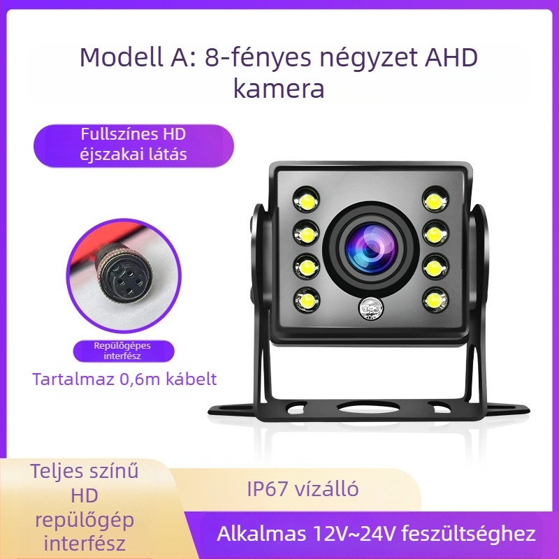 Teherautó hátrameneti kamera négyirányú megfigyeléssel - felbontás 1920x1080, videójelek: AHD/1080P és CVBS, 170° látószög, 12-24V tápegység, 8 LED