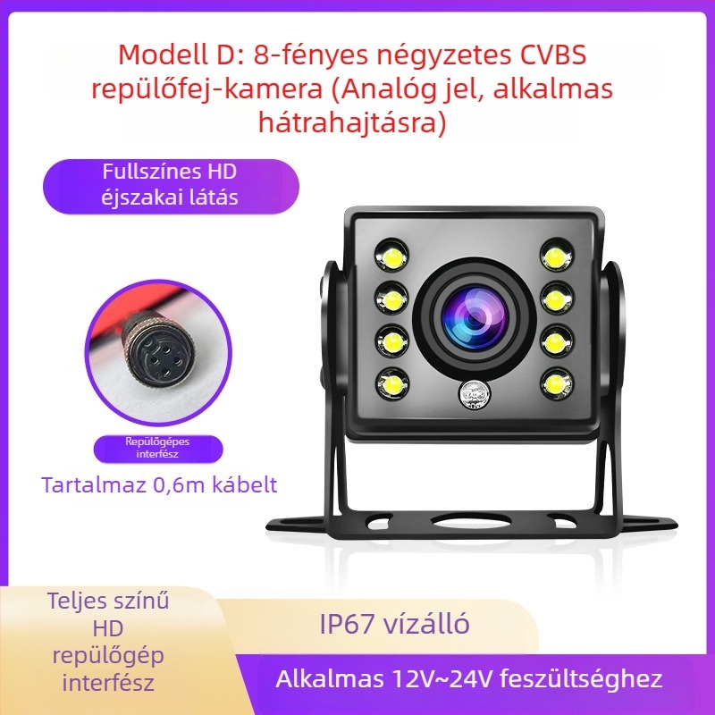 Teherautó hátrameneti kamera négyirányú megfigyeléssel - felbontás 1920x1080, videójelek: AHD/1080P és CVBS, 170° látószög, 12-24V tápegység, 8 LED