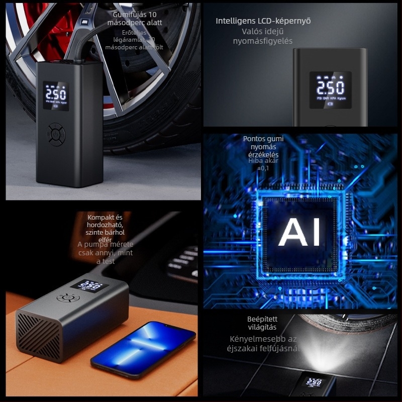 Autó inflátor LED világítással, 12V, 120W, 50 L/perc, digitális kijelző