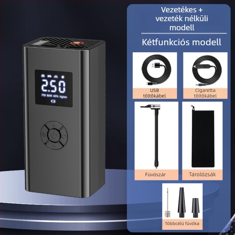 Autó inflátor LED világítással, 12V, 120W, 50 L/perc, digitális kijelző