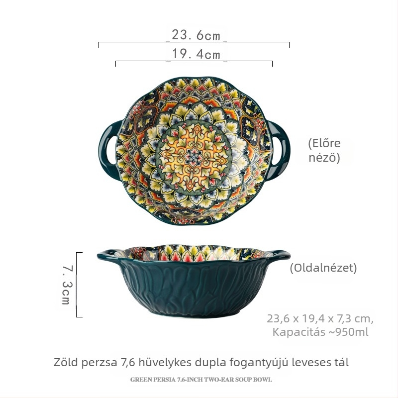Bohem stílusú porcelán tál dupla füllel, virágmintás, kerek, retró stílus