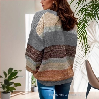 Női kötött pulóver csíkos color-block mintával, poliészter jacquard, kerek nyakú, hosszú ujjú, bő szabású, őszi 2024