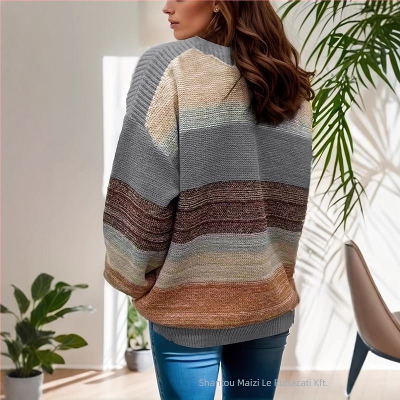 Női kötött pulóver csíkos color-block mintával, poliészter jacquard, kerek nyakú, hosszú ujjú, bő szabású, őszi 2024