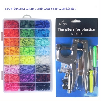 T5 gyanta alapú snap gombok készlet, négyzáras záródású, dobozban, szerszámkészlettel, kötött ruházathoz, 360 és 150 darabos készletek