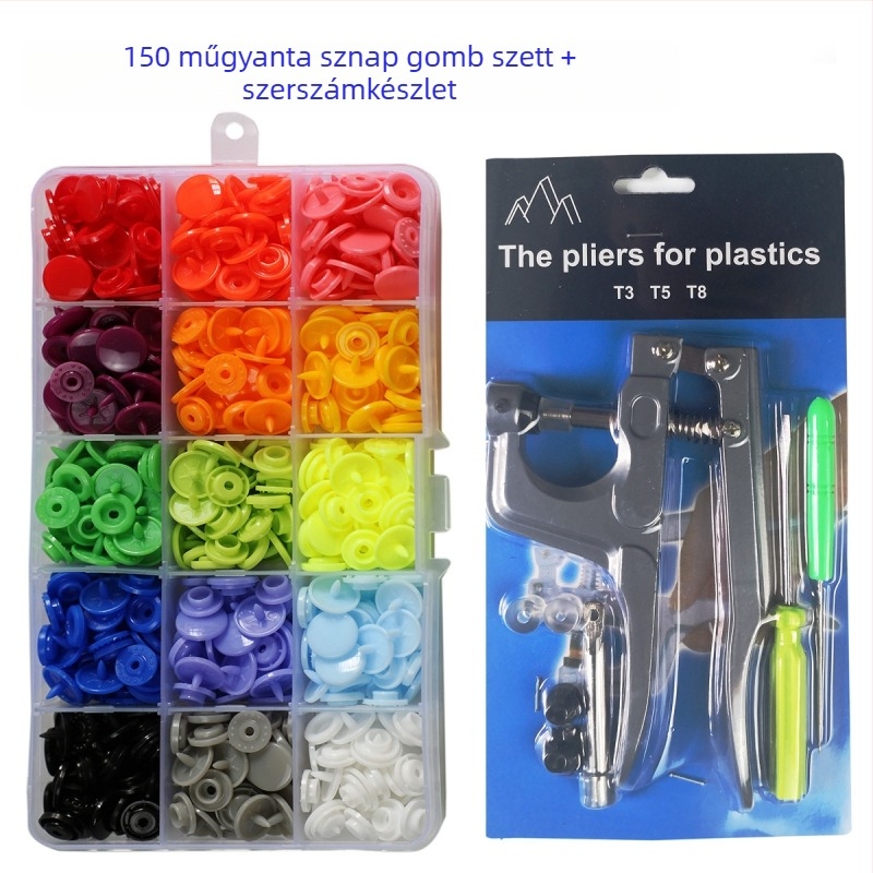 T5 gyanta alapú snap gombok készlet, négyzáras záródású, dobozban, szerszámkészlettel, kötött ruházathoz, 360 és 150 darabos készletek