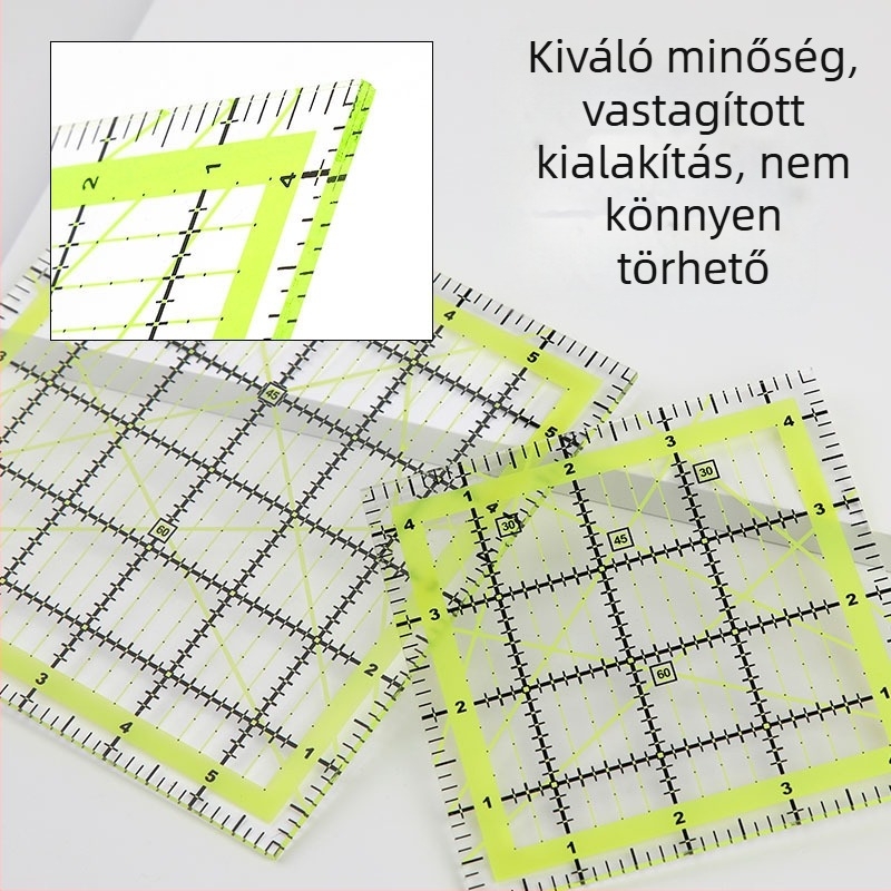 Patchworkhez használható derékszögű vonalzó, műanyag, hüvelykes skálával, quiltinghez, kétszínű rácsvonalakkal