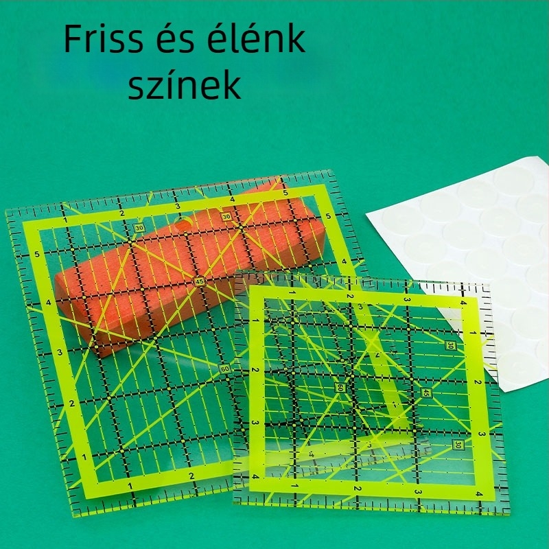 Patchworkhez használható derékszögű vonalzó, műanyag, hüvelykes skálával, quiltinghez, kétszínű rácsvonalakkal