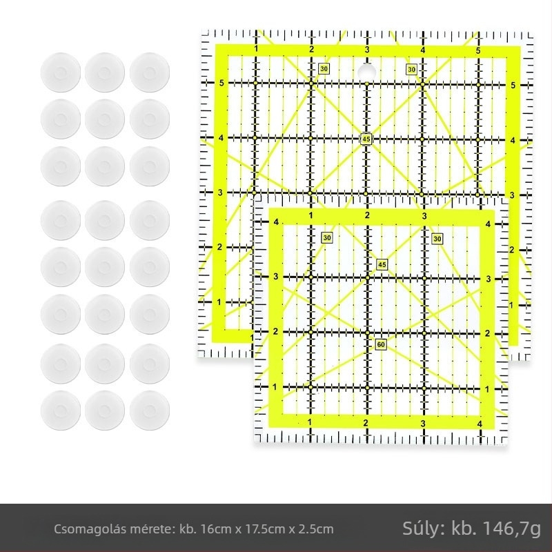 Patchworkhez használható derékszögű vonalzó, műanyag, hüvelykes skálával, quiltinghez, kétszínű rácsvonalakkal