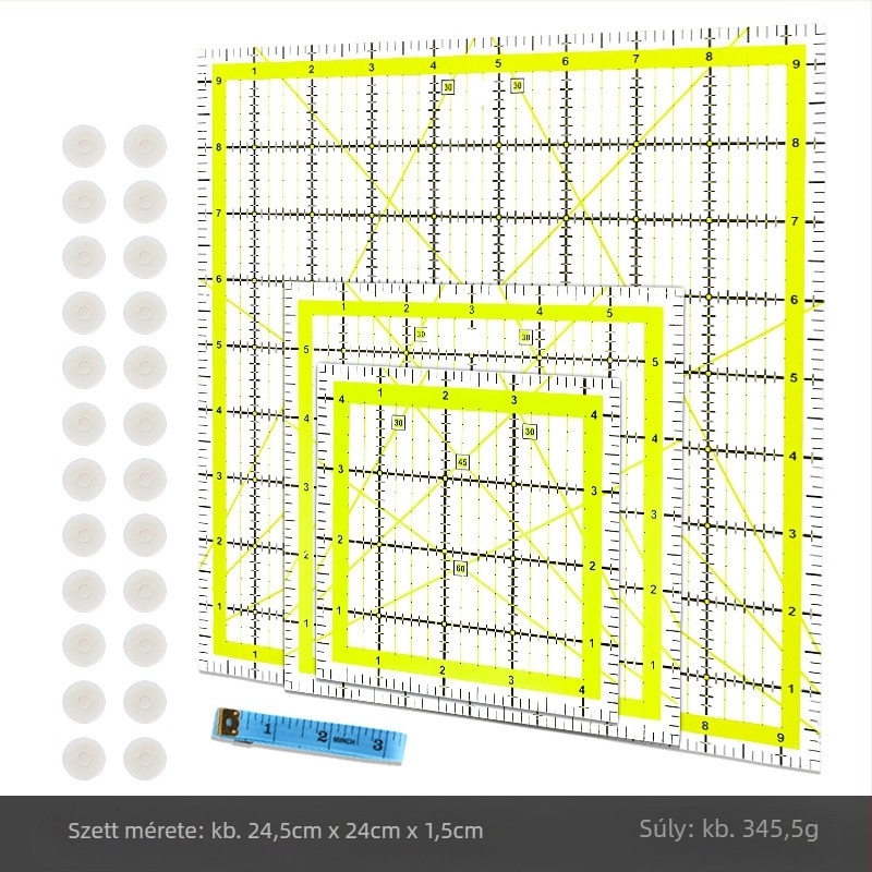Patchworkhez használható derékszögű vonalzó, műanyag, hüvelykes skálával, quiltinghez, kétszínű rácsvonalakkal