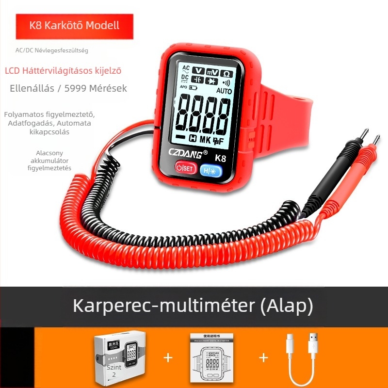 Digitális multiméter nagy pontossággal, többfunkciós, háttérvilágításos karkötővel