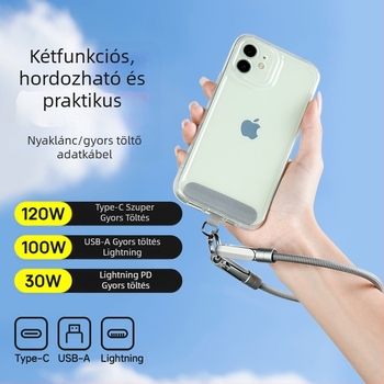Telefon töltőkábel 2-az-1-ben, nyakpánttal, kiterjesztett átvitel, 1-4 csatlakozó, szövött konstrukció, 120W max