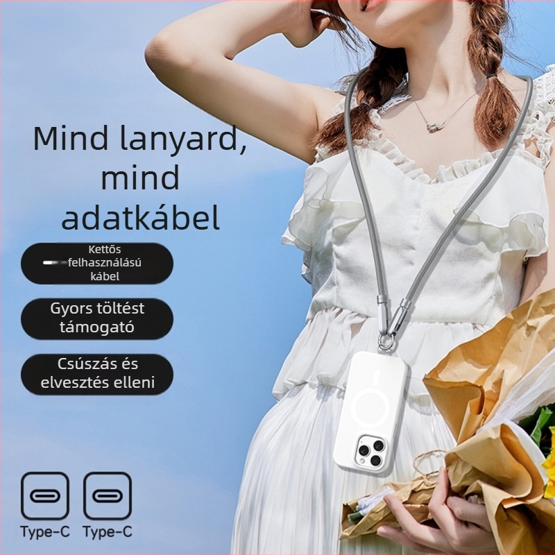 Telefon töltőkábel 2-az-1-ben, nyakpánttal, kiterjesztett átvitel, 1-4 csatlakozó, szövött konstrukció, 120W max