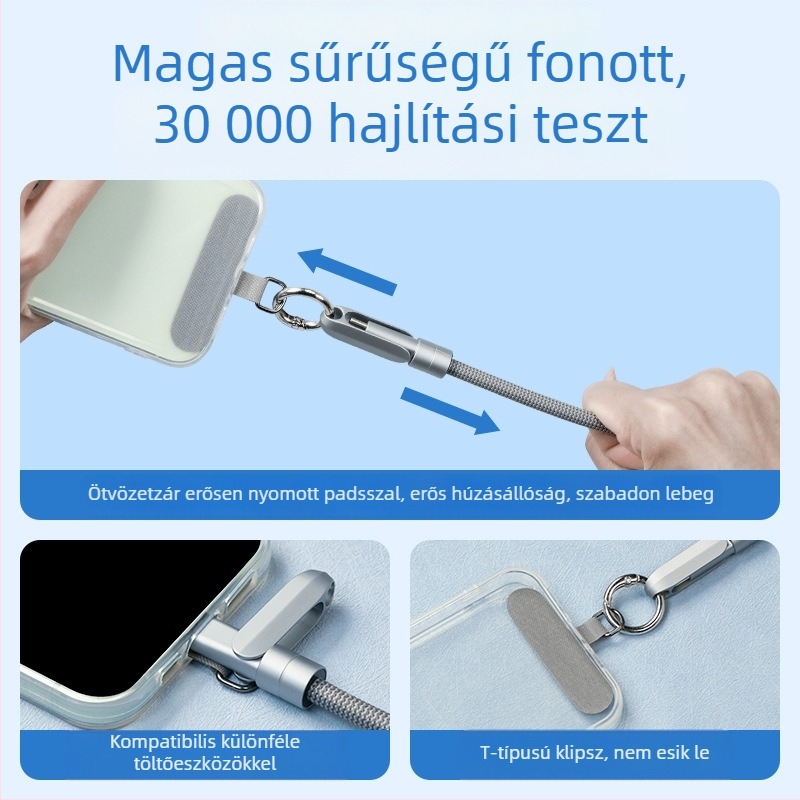 Telefon töltőkábel 2-az-1-ben, nyakpánttal, kiterjesztett átvitel, 1-4 csatlakozó, szövött konstrukció, 120W max