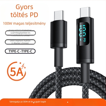 hc USB-C PD gyors töltőkábel digitális kijelzővel, 100W, fonott kábel, egyfejű USB-C csatlakozó